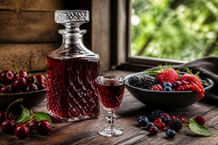 Domowa ratafia owocowa w karafce i małym kieliszku