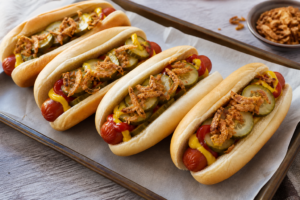 Domowe hot dogi z ogórkiem musztardą i cebulką