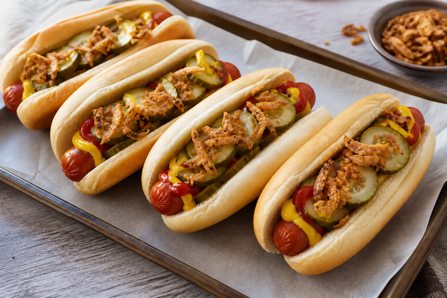 Domowe hot dogi z ogórkiem musztardą i cebulką