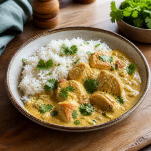 Kremowe chicken curry z ryżem i kolendrą
