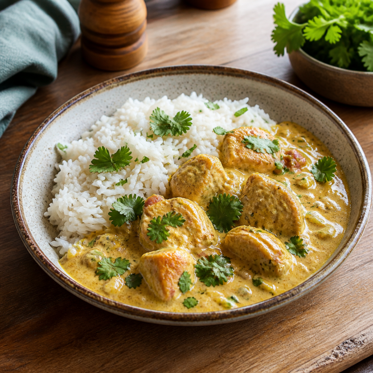 Kremowe chicken curry z ryżem i kolendrą