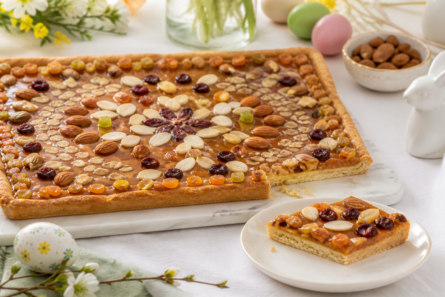 Wielkanocny mazurek kajmakowy udekorowany bakaliami