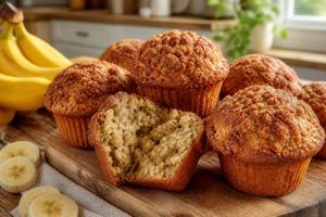 Wysokie muffinki bananowe z cynamonową kruszonką