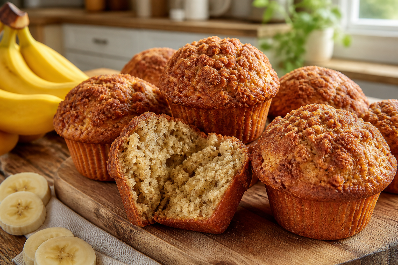 Wysokie muffinki bananowe z cynamonową kruszonką