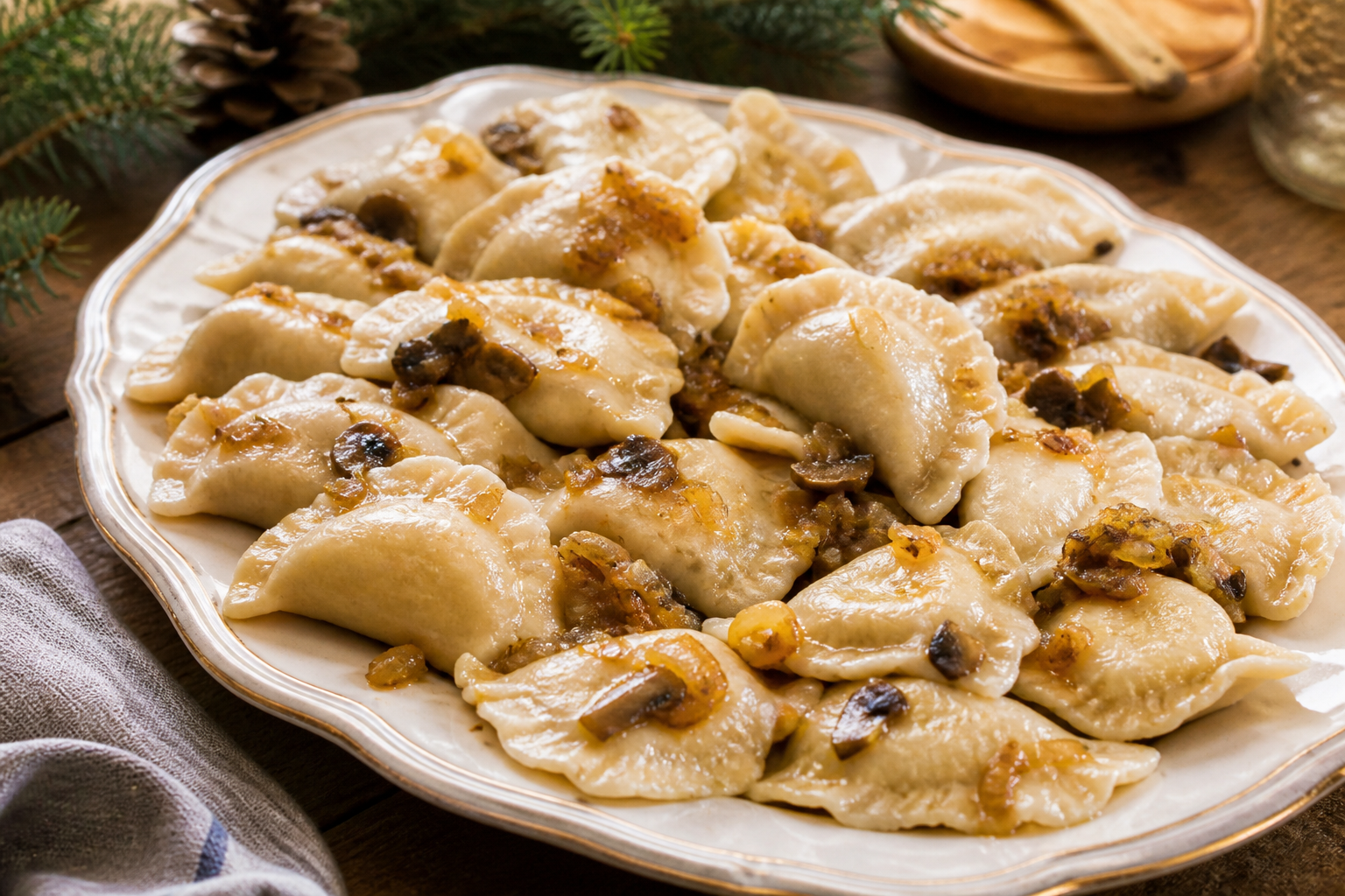 Pierogi z kapustą i grzybami podane z podsmażoną cebulą